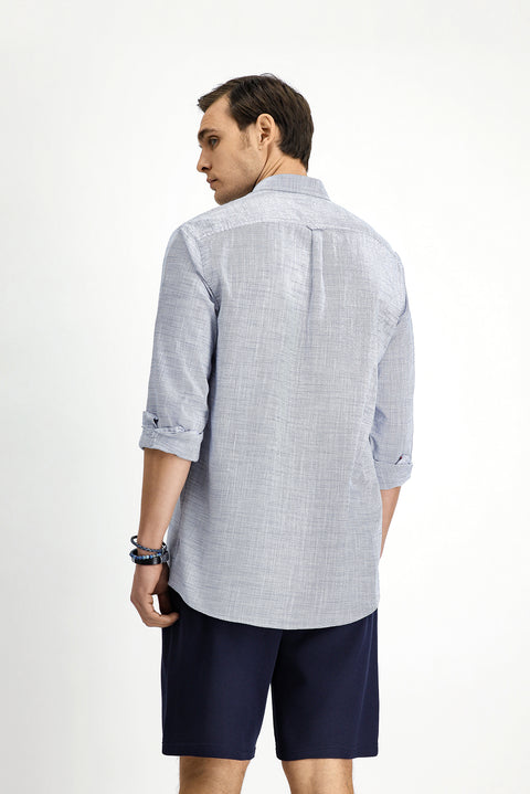 Beyaz-Lacivert Uzun Kol Regular Fit Desenli Pamuk Düğmeli Yaka Gömlek