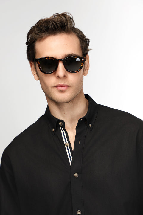 Siyah Uzun Kol Regular Fit Düğmeli Yaka Keten Görünümlü Spor Pamuk Gömlek