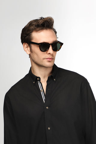  Siyah Uzun Kol Regular Fit Düğmeli Yaka Keten Görünümlü Spor Pamuk Gömlek