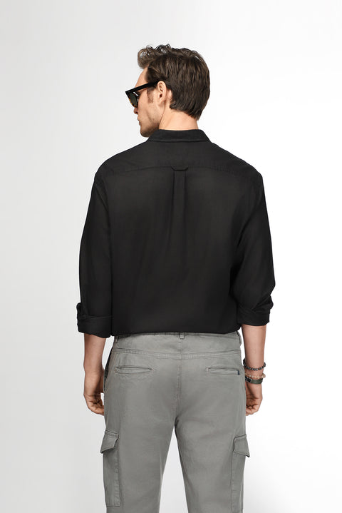 Siyah Uzun Kol Regular Fit Düğmeli Yaka Keten Görünümlü Spor Pamuk Gömlek