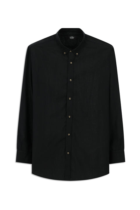 Siyah Uzun Kol Regular Fit Düğmeli Yaka Keten Görünümlü Spor Pamuk Gömlek