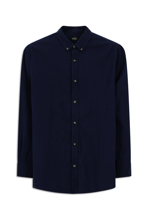 Orta Lacivert Uzun Kol Regular Fit Düğmeli Yaka Keten Görünümlü Spor Pamuk Gömlek