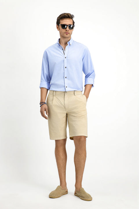 Açık Mavi Uzun Kol Regular Fit Düğmeli Yaka Keten Görünümlü Spor Pamuk Gömlek