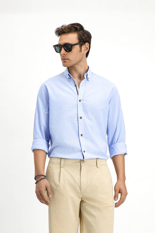  Açık Mavi Uzun Kol Regular Fit Düğmeli Yaka Keten Görünümlü Spor Pamuk Gömlek