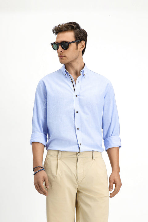 Açık Mavi Uzun Kol Regular Fit Düğmeli Yaka Keten Görünümlü Spor Pamuk Gömlek