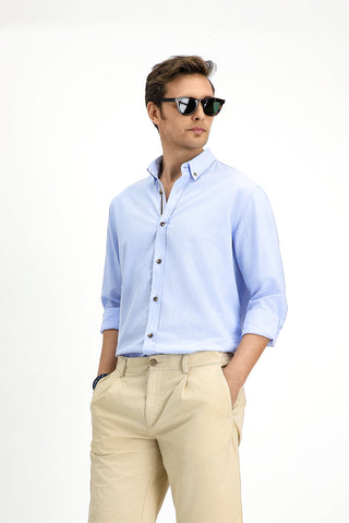  Açık Mavi Uzun Kol Regular Fit Düğmeli Yaka Keten Görünümlü Spor Pamuk Gömlek