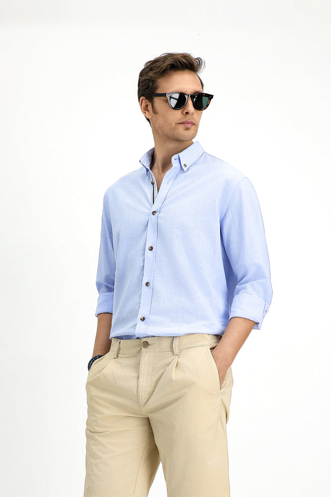 Açık Mavi Uzun Kol Regular Fit Düğmeli Yaka Keten Görünümlü Spor Pamuk Gömlek