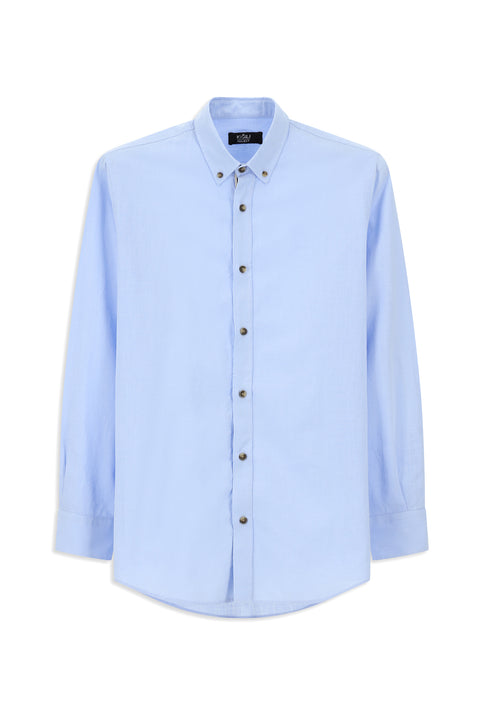 Açık Mavi Uzun Kol Regular Fit Düğmeli Yaka Keten Görünümlü Spor Pamuk Gömlek