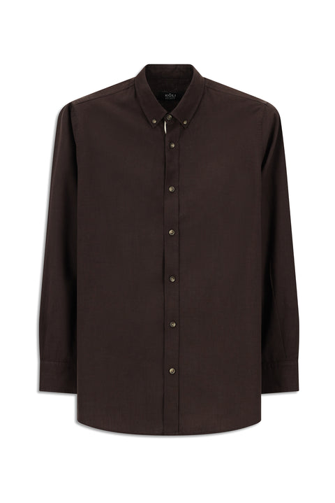 Koyu Kahve Uzun Kol Regular Fit Düğmeli Yaka Keten Görünümlü Spor Pamuk Gömlek