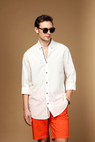  Beyaz Uzun Kol Regular Fit Düğmeli Yaka Keten Görünümlü Spor Pamuk Gömlek