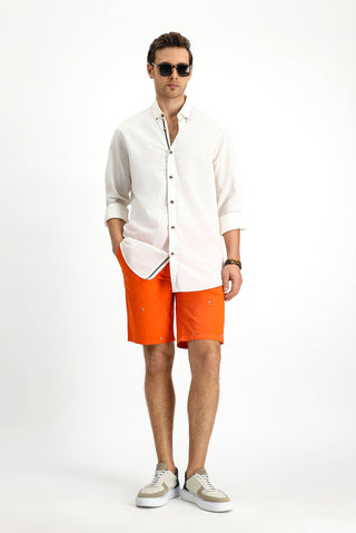  Beyaz Uzun Kol Regular Fit Düğmeli Yaka Keten Görünümlü Spor Pamuk Gömlek