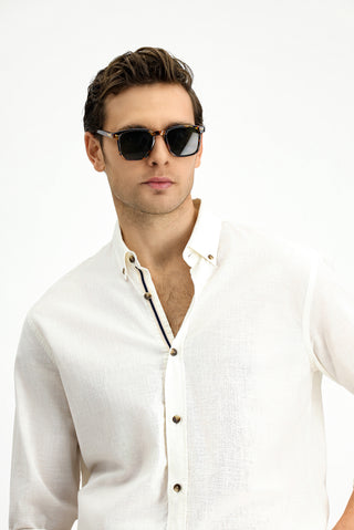  Beyaz Uzun Kol Regular Fit Düğmeli Yaka Keten Görünümlü Spor Pamuk Gömlek