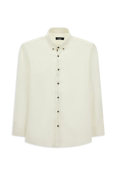 Beyaz Uzun Kol Regular Fit Düğmeli Yaka Keten Görünümlü Spor Pamuk Gömlek