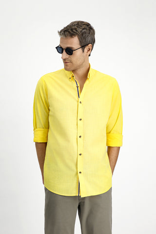  Açık Sarı Uzun Kol Regular Fit Düğmeli Yaka Keten Görünümlü Spor Pamuk Gömlek