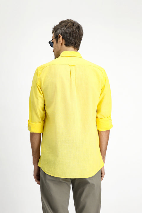 Açık Sarı Uzun Kol Regular Fit Düğmeli Yaka Keten Görünümlü Spor Pamuk Gömlek