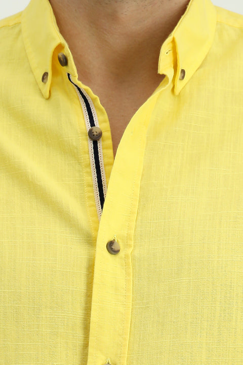 Açık Sarı Uzun Kol Regular Fit Düğmeli Yaka Keten Görünümlü Spor Pamuk Gömlek