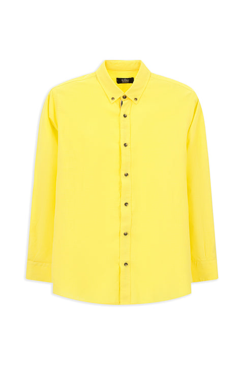 Açık Sarı Uzun Kol Regular Fit Düğmeli Yaka Keten Görünümlü Spor Pamuk Gömlek