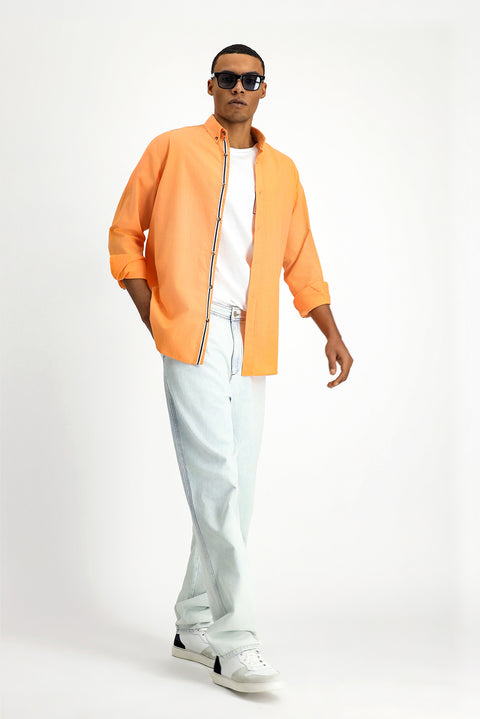 Açık Turuncu Uzun Kol Regular Fit Düğmeli Yaka Keten Görünümlü Spor Pamuk Gömlek