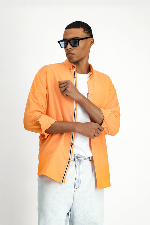 Açık Turuncu Uzun Kol Regular Fit Düğmeli Yaka Keten Görünümlü Spor Pamuk Gömlek