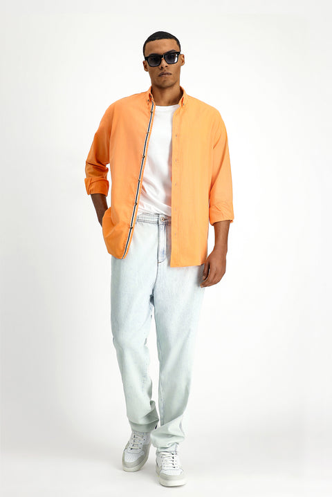 Açık Turuncu Uzun Kol Regular Fit Düğmeli Yaka Keten Görünümlü Spor Pamuk Gömlek