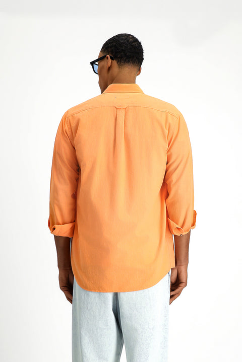 Açık Turuncu Uzun Kol Regular Fit Düğmeli Yaka Keten Görünümlü Spor Pamuk Gömlek