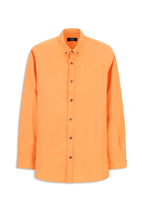 Açık Turuncu Uzun Kol Regular Fit Düğmeli Yaka Keten Görünümlü Spor Pamuk Gömlek