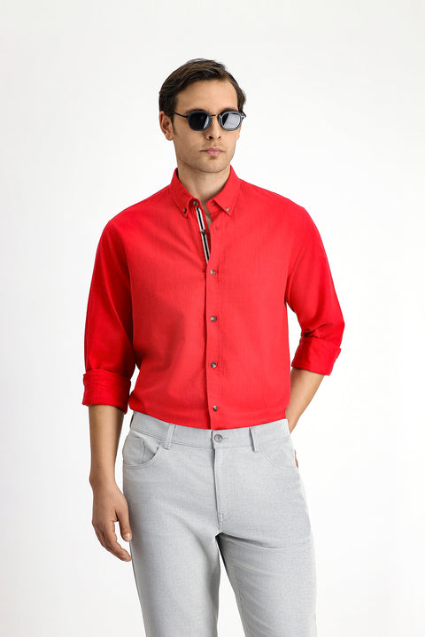 Açık Kırmızı Uzun Kol Regular Fit Düğmeli Yaka Keten Görünümlü Spor Pamuk Gömlek