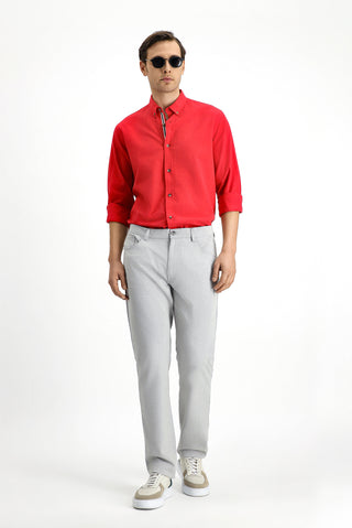  Açık Kırmızı Uzun Kol Regular Fit Düğmeli Yaka Keten Görünümlü Spor Pamuk Gömlek
