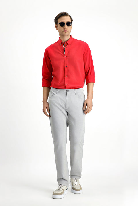 Açık Kırmızı Uzun Kol Regular Fit Düğmeli Yaka Keten Görünümlü Spor Pamuk Gömlek