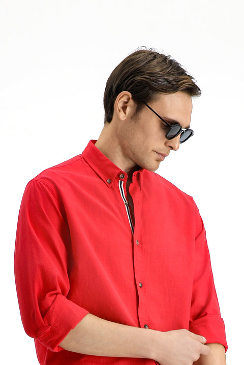 Açık Kırmızı Uzun Kol Regular Fit Düğmeli Yaka Keten Görünümlü Spor Pamuk Gömlek