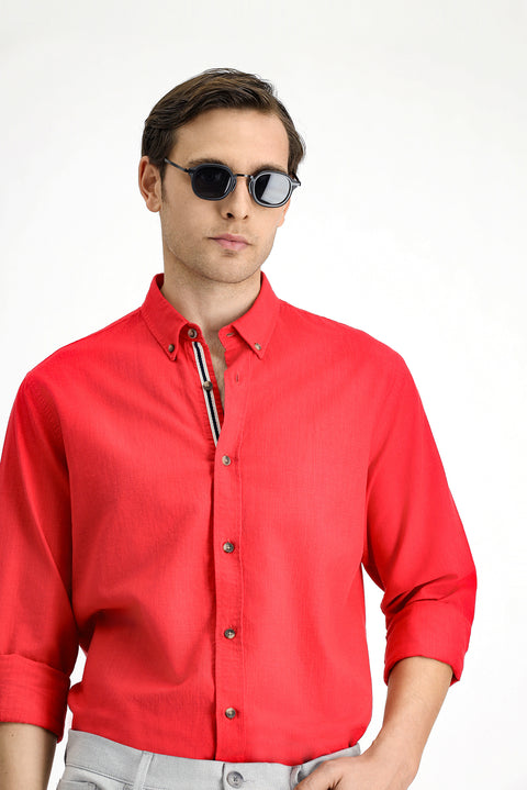 Açık Kırmızı Uzun Kol Regular Fit Düğmeli Yaka Keten Görünümlü Spor Pamuk Gömlek