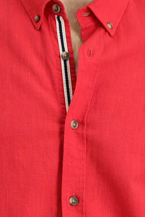 Açık Kırmızı Uzun Kol Regular Fit Düğmeli Yaka Keten Görünümlü Spor Pamuk Gömlek