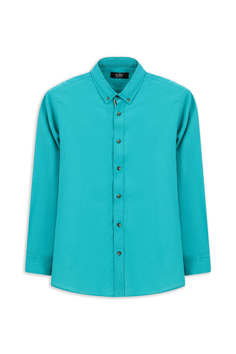 Koyu Turkuaz Uzun Kol Regular Fit Düğmeli Yaka Keten Görünümlü Spor Pamuk Gömlek