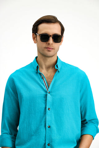  Koyu Turkuaz Uzun Kol Regular Fit Dü?meli Yaka Keten Görünümlü Spor Pamuk Gömlek-Ki??l?