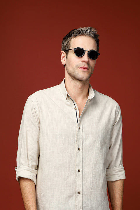 Açık Vizon Uzun Kol Regular Fit Düğmeli Yaka Keten Görünümlü Spor Pamuk Gömlek