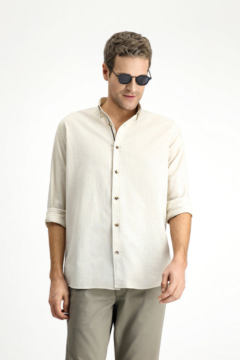 Açık Vizon Uzun Kol Regular Fit Düğmeli Yaka Keten Görünümlü Spor Pamuk Gömlek