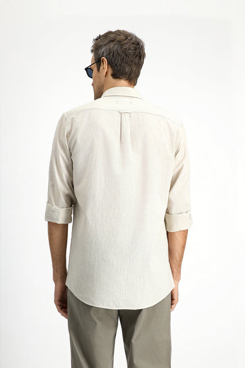Açık Vizon Uzun Kol Regular Fit Düğmeli Yaka Keten Görünümlü Spor Pamuk Gömlek