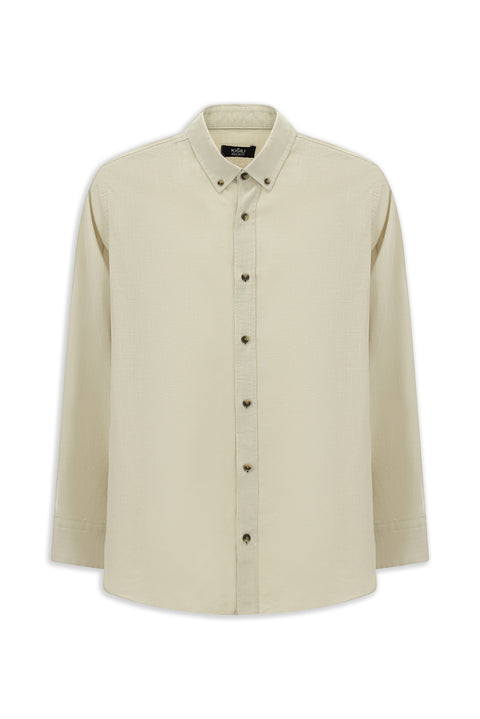 Açık Vizon Uzun Kol Regular Fit Düğmeli Yaka Keten Görünümlü Spor Pamuk Gömlek