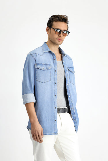 İndigo Uzun Kol Regular Fit Denim Pamuk Gömlek