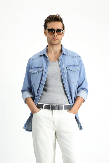 İndigo Uzun Kol Regular Fit Denim Pamuk Gömlek