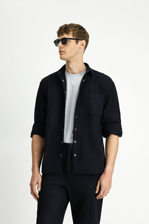 Siyah Uzun Kol Oversize Ekstra Rahat Kesim Desenli Pamuklu Gömlek