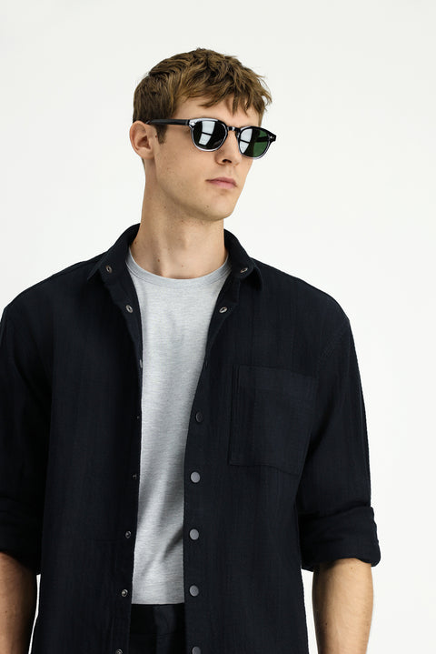 Siyah Uzun Kol Oversize Ekstra Rahat Kesim Desenli Pamuklu Gömlek