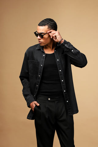  Siyah Uzun Kol Oversize Pamuklu Denim Gömlek
