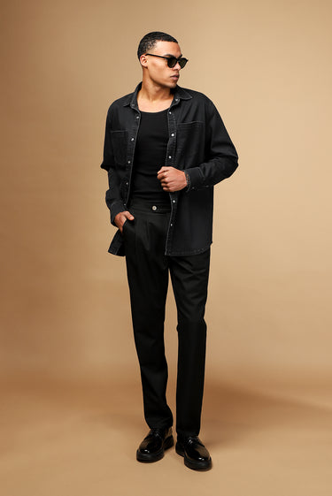  Siyah Uzun Kol Oversize Pamuklu Denim Gömlek