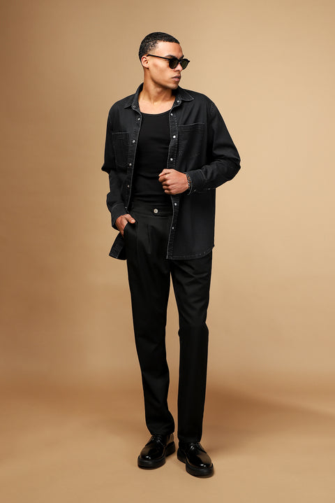 Siyah Uzun Kol Oversize Pamuklu Denim Gömlek