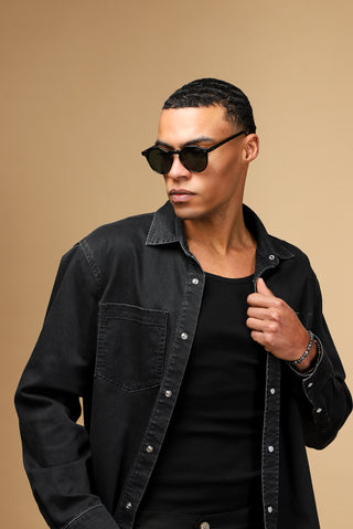  Siyah Uzun Kol Oversize Pamuklu Denim Gömlek