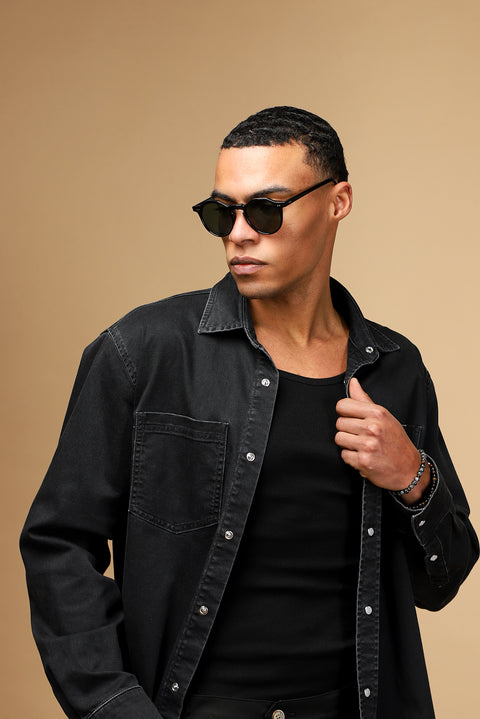 Siyah Uzun Kol Oversize Pamuklu Denim Gömlek