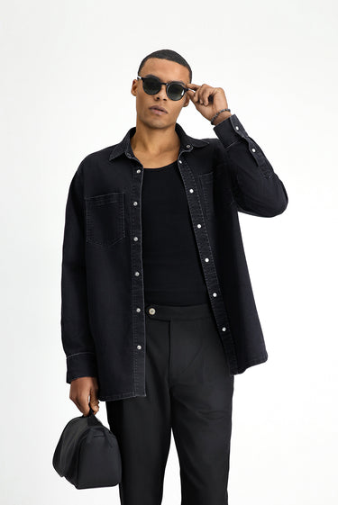  Siyah Uzun Kol Oversize Pamuklu Denim Gömlek