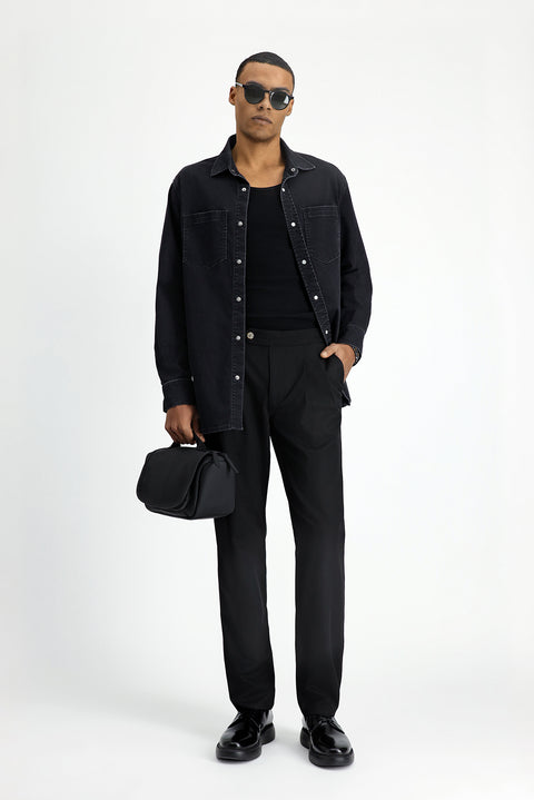 Siyah Uzun Kol Oversize Pamuklu Denim Gömlek