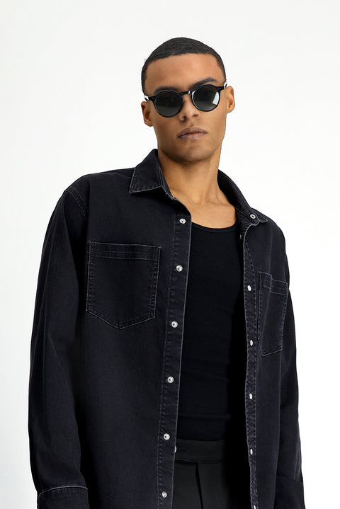 Siyah Uzun Kol Oversize Pamuklu Denim Gömlek